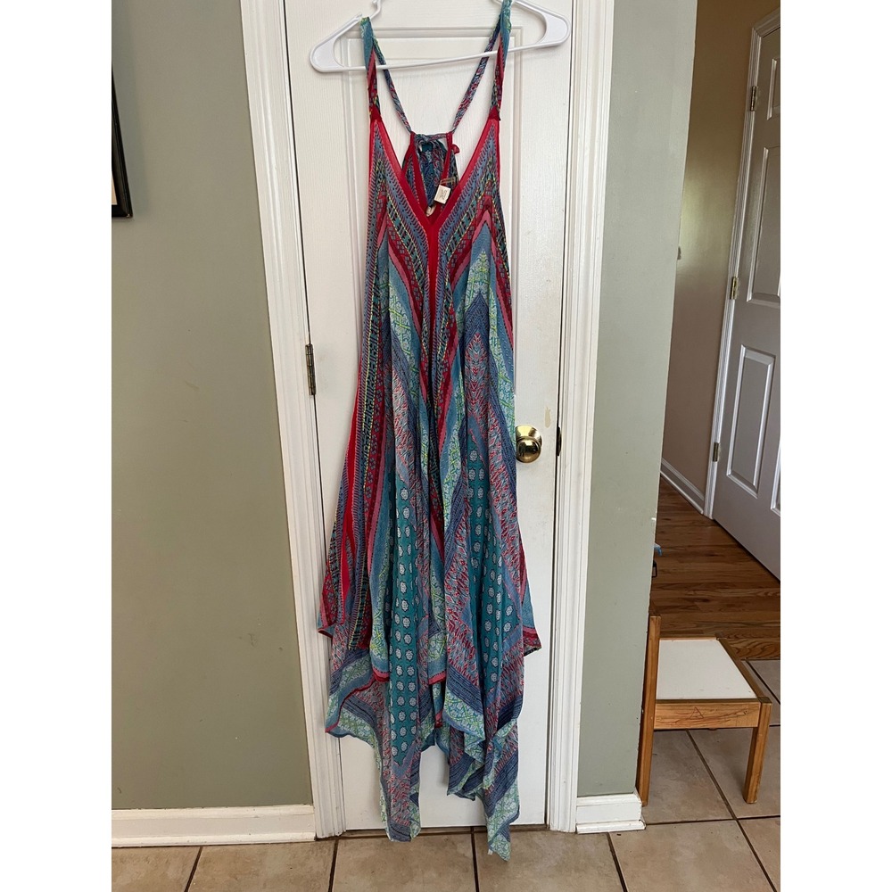 Anatta Silent Journey Cotton Handkerchief Hem Maxi Dress Teal Red Boho M